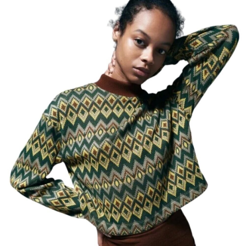Zara Womens Large Zig Zac Earth Tones Cropped Sweater